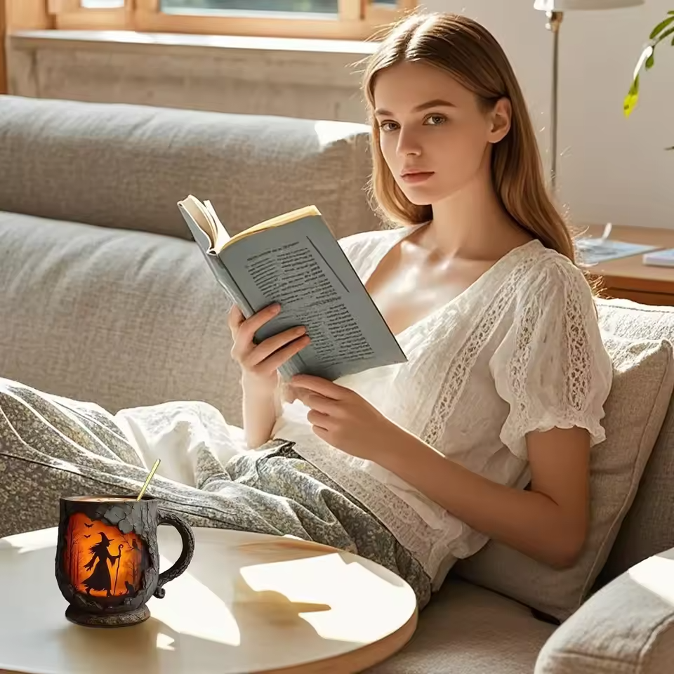 Håndlaget 3D Halloween-krus – Hekse- og kattdesign