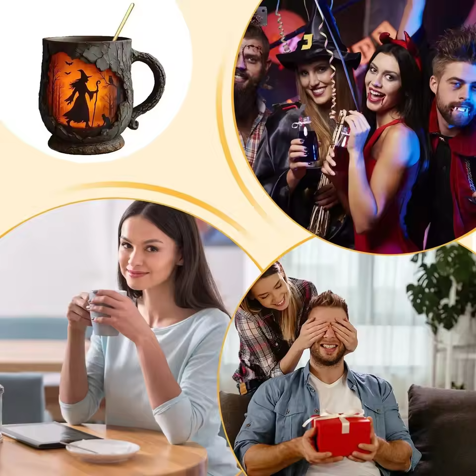 Håndlaget 3D Halloween-krus – Hekse- og kattdesign